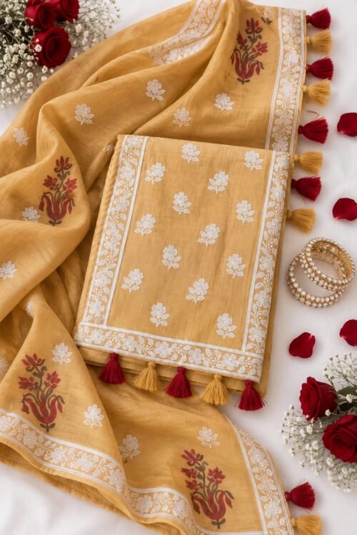 Mustard Yellow Floral Embroidered Suit Set