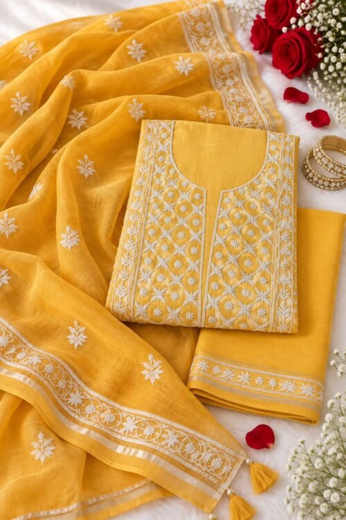 Sunshine Yellow Lakhnavi Embroidery Suit Set