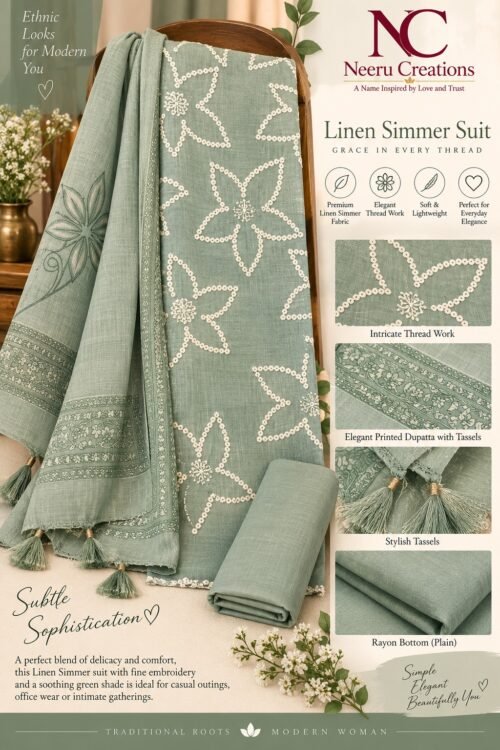 Sage Green Linen Shimmer Star Design Embroidered Suit
